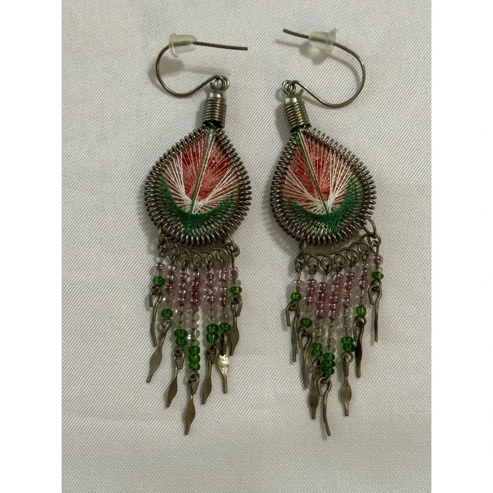 Vintage Y2K 2000s Chandelier Earrings Teardrop Dangle Pierced Beaded Boho Hippie